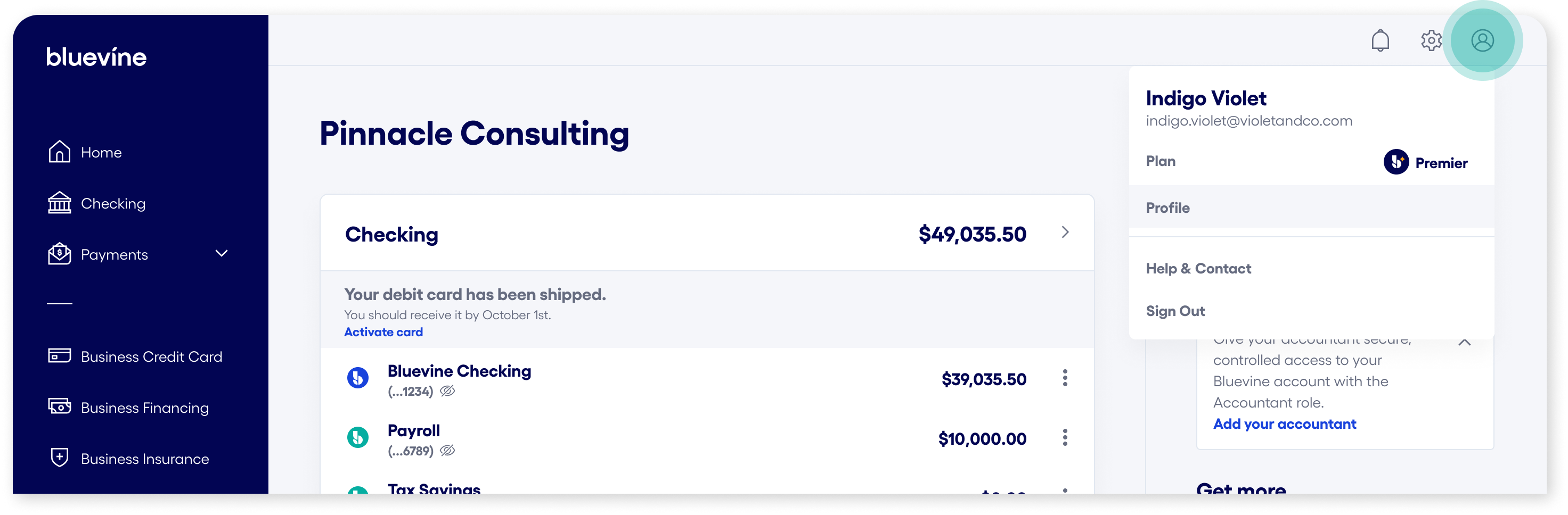 Bluevine dashboard profile selection