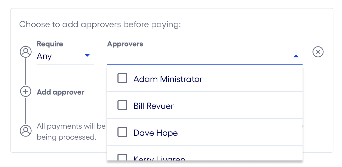An image on how to add approvers before paying. A drop down list of authorized users will appear in the approvers section.