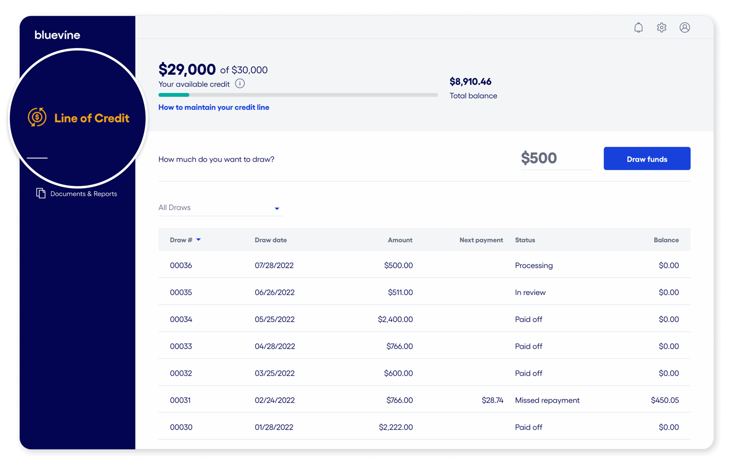 bluevine dashboard amortization export