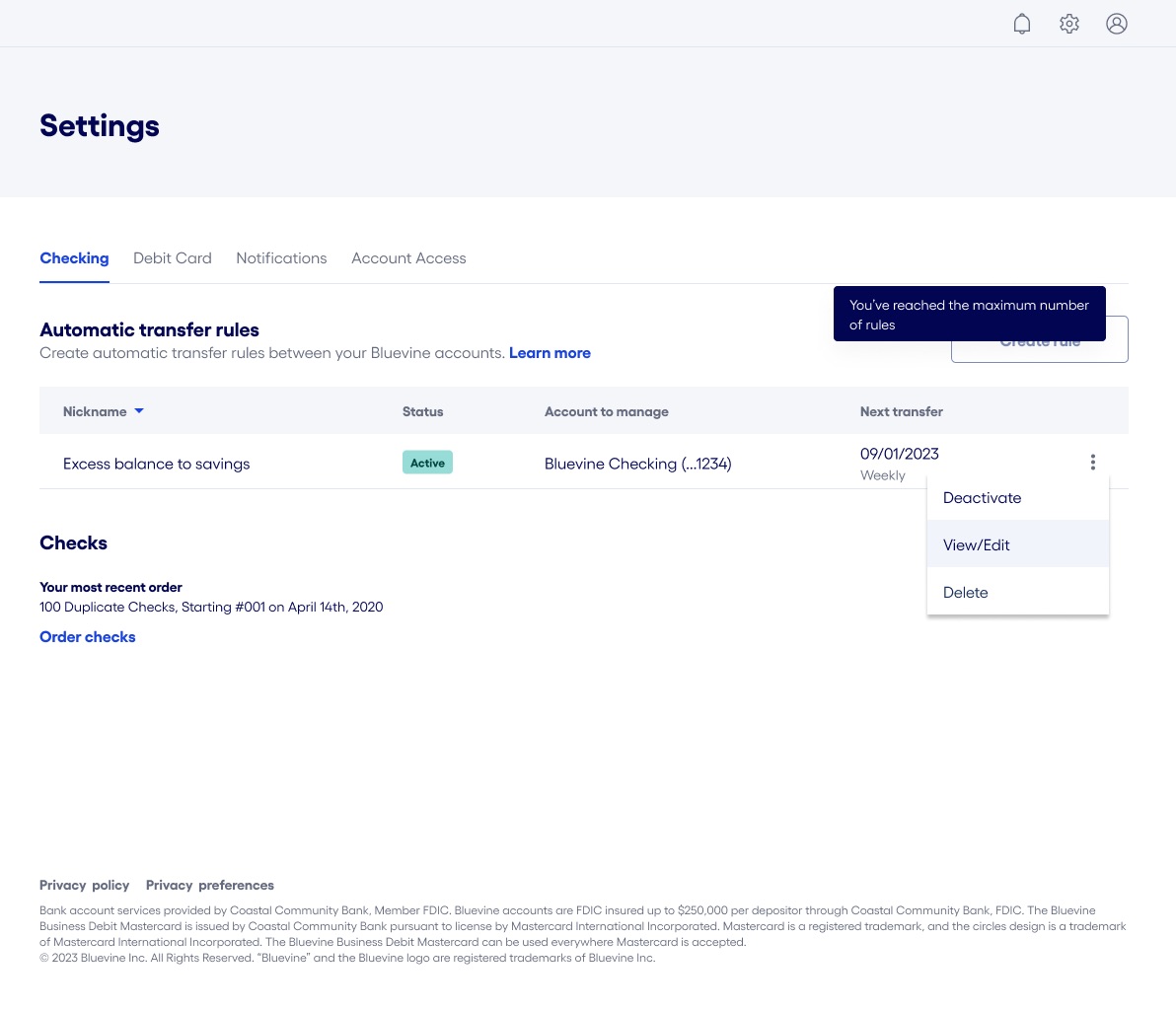 Bluevine dashboard view and edit automatic transer rules
